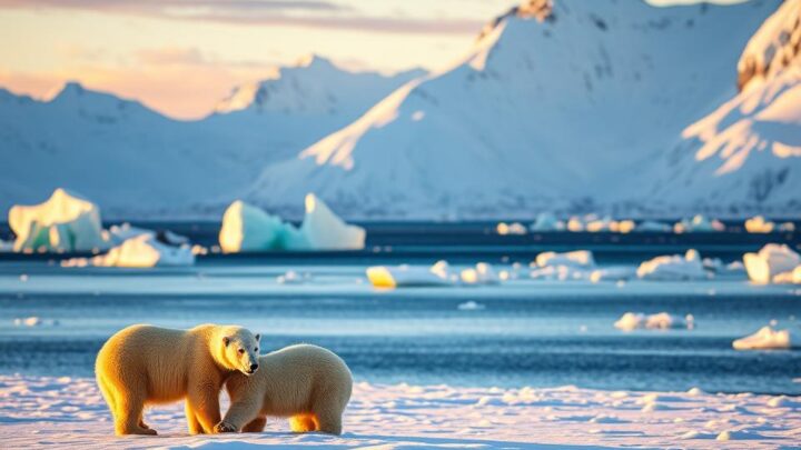 A serene Arctic landscape featuring a pair of majestic polar bears in Spitzbergen. In the foreground, the bears are playfully interacting on a patch of bright white snow, their thick fur glistening under the soft afternoon sun. The middle ground showcases a tranquil icy coastline, where jagged icebergs float in the clear blue sea, reflecting the stunning colors of the early evening sky. In the background, towering snow-covered mountains rise dramatically against the horizon, creating a breathtaking backdrop. The lighting is golden and warm, adding a sense of peace and tranquility to the scene. The mood conveys a sense of awe and wonder at the beauty of Arctic wildlife, inviting the viewer to appreciate the untamed nature of Spitzbergen.