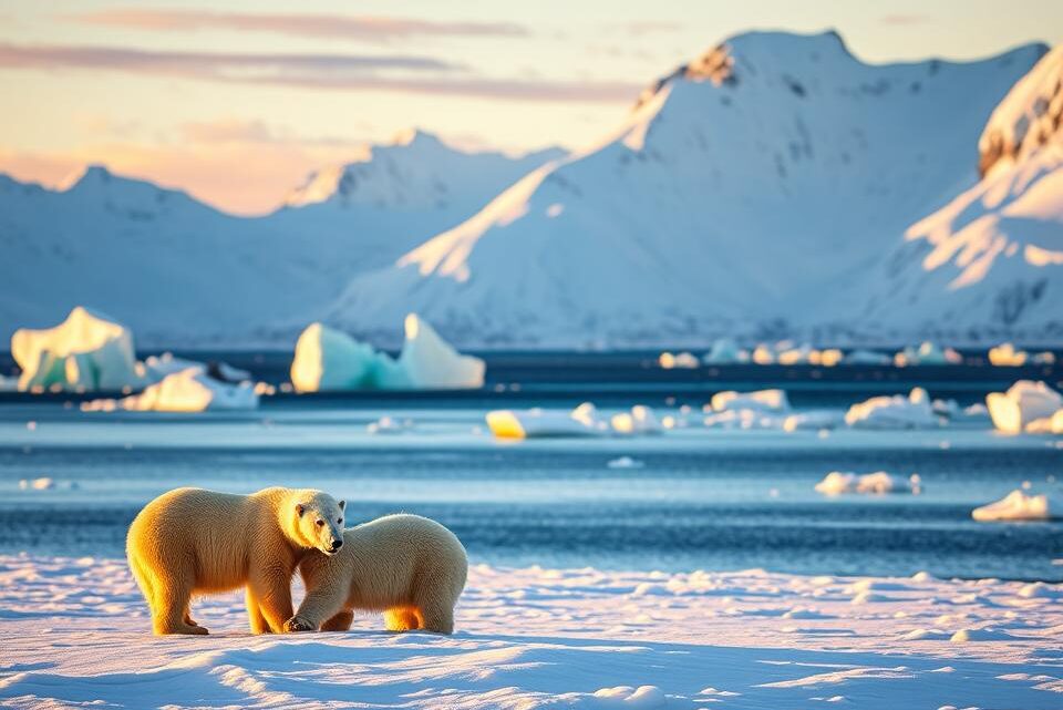 A serene Arctic landscape featuring a pair of majestic polar bears in Spitzbergen. In the foreground, the bears are playfully interacting on a patch of bright white snow, their thick fur glistening under the soft afternoon sun. The middle ground showcases a tranquil icy coastline, where jagged icebergs float in the clear blue sea, reflecting the stunning colors of the early evening sky. In the background, towering snow-covered mountains rise dramatically against the horizon, creating a breathtaking backdrop. The lighting is golden and warm, adding a sense of peace and tranquility to the scene. The mood conveys a sense of awe and wonder at the beauty of Arctic wildlife, inviting the viewer to appreciate the untamed nature of Spitzbergen.