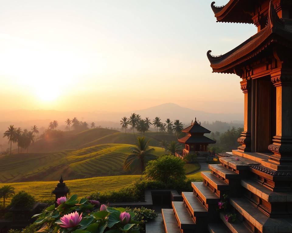 A serene Balinese temple scene, featuring the Besakih Temple in the foreground with traditional architecture adorned with intricate carvings and lush greenery. Encircled by vibrant lotus flowers and fragrant incense, the temple exudes a spirit of tranquility. The middle ground highlights a tranquil rice terrace with soft, rolling hills and distant palm trees swaying gently in a warm breeze. In the background, soft silhouettes of volcanic mountains rise against a pastel sunset sky, casting a golden glow over the landscape. The atmosphere is peaceful and reflective, encouraging spiritual contemplation. The lighting is warm and soft, reminiscent of the golden hour, captured from a slightly elevated angle to showcase the expansive view. No human figures present, ensuring a focus on nature and spirituality.
