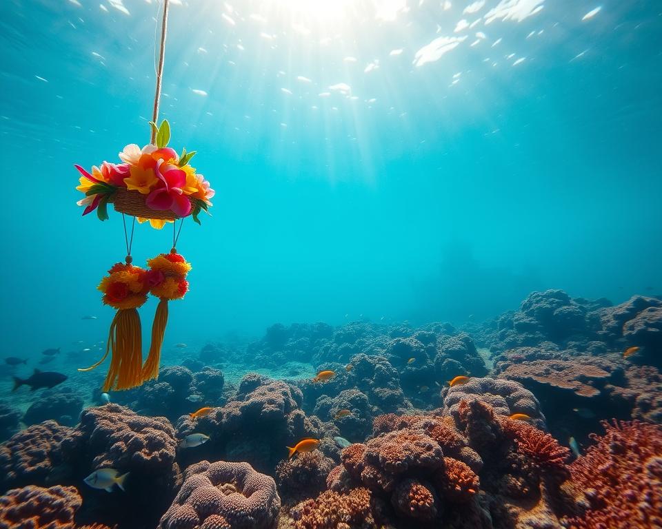 A serene Balinese underwater scene showcasing vibrant coral reefs teeming with marine life, illuminated by sunbeams penetrating the clear blue water. In the foreground, traditional Balinese offerings float gently, crafted from colorful flowers and leaves, symbolizing the culture’s connection to the ocean. In the middle-ground, a coral garden bursts with life, where schools of tropical fish swim amidst intricate coral formations. In the background, a silhouette of a traditional Balinese temple can be seen beneath the waves, adding cultural depth. Use soft, natural lighting to create a tranquil atmosphere, and capture the image from a slight upward angle, simulating the view of a diver exploring this aquatic paradise. The overall mood is peaceful and enchanting, encapsulating the harmony between diving and Balinese culture.