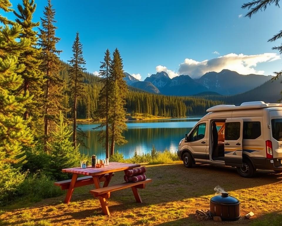 A serene Canadian campsite nestled among towering pine trees and lush green foliage, with a cozy camper van parked beside a crystal-clear lake reflecting the sky. In the foreground, a picnic table is adorned with a checkered cloth, surrounded by camping gear and a small campfire with glowing embers. The middle ground features the camper van with its doors open, inviting exploration. In the background, majestic mountains rise against a bright blue sky, with soft, fluffy clouds drifting by. The scene is illuminated by warm, golden sunlight, creating a peaceful and inviting atmosphere. Capture the perfect balance of nature and adventure, evoking a sense of relaxation and wanderlust in this idyllic camping spot. A serene Canadian campsite nestled among towering pine trees and lush green foliage, with a cozy camper van parked beside a crystal-clear lake reflecting the sky. In the foreground, a picnic table is adorned with a checkered cloth, surrounded by camping gear and a small campfire with glowing embers. The middle ground features the camper van with its doors open, inviting exploration. In the background, majestic mountains rise against a bright blue sky, with soft, fluffy clouds drifting by. The scene is illuminated by warm, golden sunlight, creating a peaceful and inviting atmosphere. Capture the perfect balance of nature and adventure, evoking a sense of relaxation and wanderlust in this idyllic camping spot.