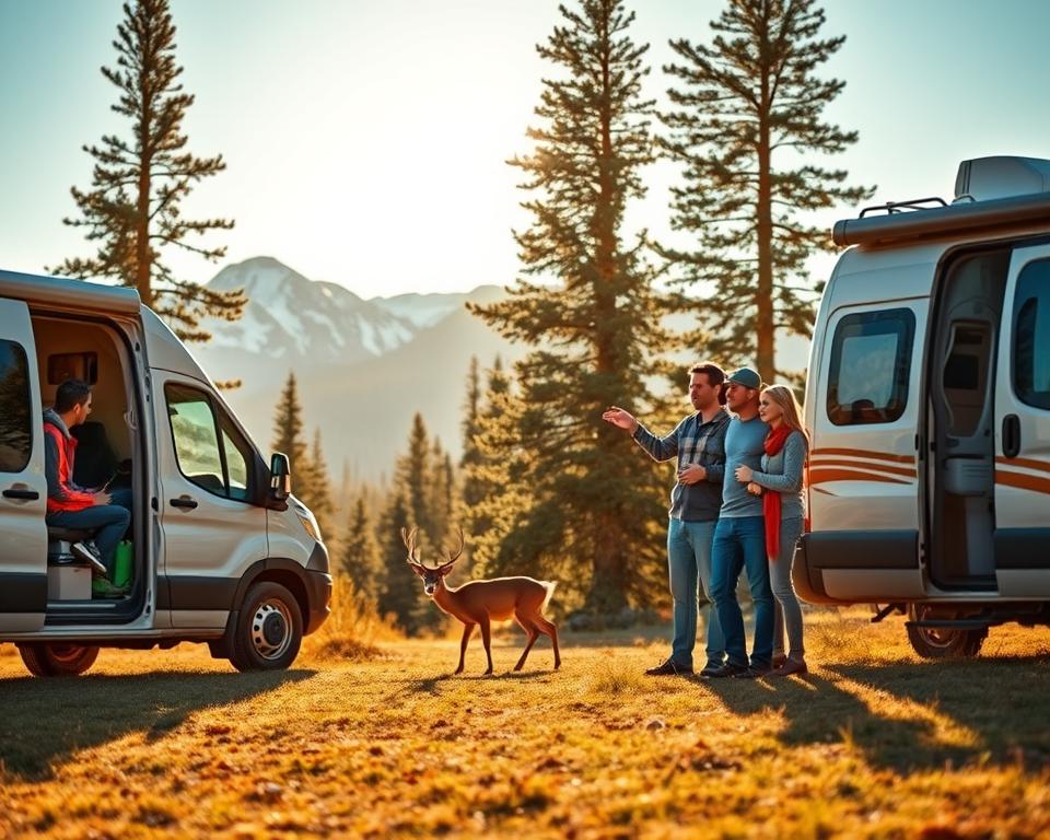 A serene Canadian landscape illustrating safety while exploring nature in a camper. In the foreground, a cozy camper van parked on a clearing, with an open door displaying camping gear and safety equipment. In the middle ground, a family, dressed in modest casual clothing, enjoys the view, with one parent pointing out a passing deer grazing nearby, embodying safe wildlife encounters. The background features majestic mountains under a clear blue sky, with tall pine trees creating a natural frame. The scene is bathed in warm, golden light, suggesting early morning or late afternoon, enhancing the tranquil atmosphere. Capture this scene from a slightly elevated angle, focusing on both the camper and the enchanting wildlife, conveying a sense of adventure and security in the beauty of Canadian wilderness. A serene Canadian landscape illustrating safety while exploring nature in a camper. In the foreground, a cozy camper van parked on a clearing, with an open door displaying camping gear and safety equipment. In the middle ground, a family, dressed in modest casual clothing, enjoys the view, with one parent pointing out a passing deer grazing nearby, embodying safe wildlife encounters. The background features majestic mountains under a clear blue sky, with tall pine trees creating a natural frame. The scene is bathed in warm, golden light, suggesting early morning or late afternoon, enhancing the tranquil atmosphere. Capture this scene from a slightly elevated angle, focusing on both the camper and the enchanting wildlife, conveying a sense of adventure and security in the beauty of Canadian wilderness.