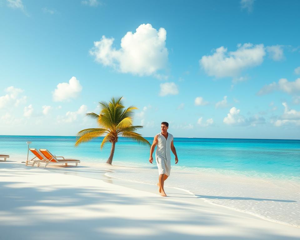 A serene Caribbean beach scene ideal for honeymooners. In the foreground, a couple dressed in light, casual clothing walks hand in hand along a private stretch of white sand, with gentle waves lapping at their feet. The middle layer features a vibrant tropical palm tree and colorful beach loungers, inviting relaxation. In the background, a crystal-clear turquoise ocean meets a bright blue sky dotted with fluffy white clouds, evoking tranquility and romance. Soft sunlight casts a warm golden glow over the scene, enhancing the idyllic atmosphere. The overall mood is enchanting and romantic, perfect for a dreamy honeymoon getaway, captured from a slightly elevated angle to encompass the beauty of the surroundings. No text or overlays present.