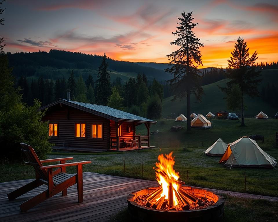 A serene Eifel landscape at twilight, showcasing a cozy cabin for overnight stays, surrounded by lush green forests and rolling hills. In the foreground, include a warm, inviting deck with rustic wooden chairs and a small bonfire flickering softly, casting a golden glow. In the middle ground, the cabin stands with lit windows, suggesting comfort within, while a nearby camping area features tents neatly arranged under tall trees, emphasizing a connection with nature. The background boasts the iconic Eifel hills silhouetted against a stunning sunset, featuring hues of orange, pink, and purple. Soft, diffused lighting enhances the peaceful atmosphere, inviting readers to experience both hotel comfort and natural camping adventures in the Eifel region.