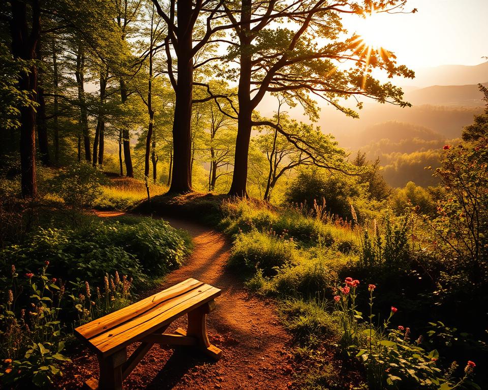 A serene Hunsrück landscape during golden hour, showcasing a winding forest trail surrounded by vibrant green foliage and blooming wildflowers. In the foreground, a rustic wooden bench offers a restful spot for hikers, with a softly lit path leading into the lush woods. The middle ground features towering trees with dappled sunlight filtering through their leaves, creating a magical play of light and shadow. In the background, distant rolling hills fade into a gentle mist, adding depth and tranquility to the scene. Capture the mood of adventure and discovery, inviting viewers to feel the fresh air and hear the sounds of nature. Use a wide-angle lens to enhance the expansive feel of the landscape and ensure a warm, inviting color palette.