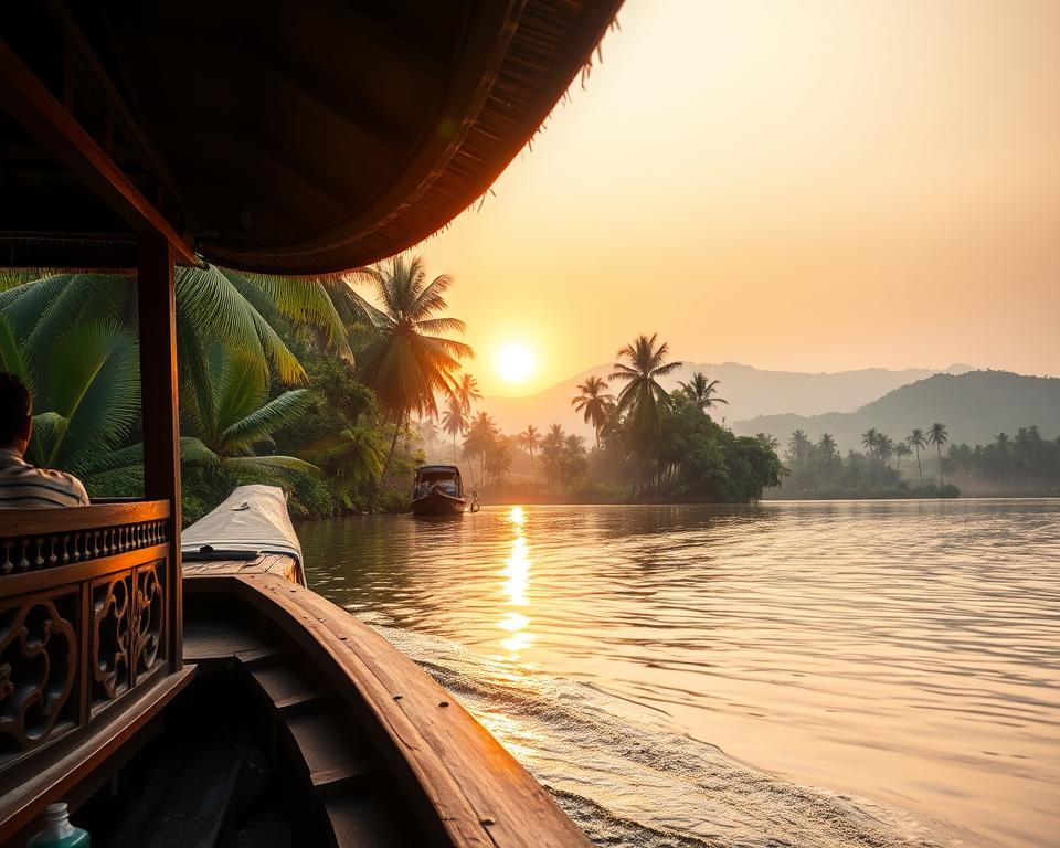 A serene Kerala backwater scene featuring a traditional Kettuvallam houseboat gently gliding through lush, tranquil waters. In the foreground, the wooden houseboat showcases intricate carvings and a thatched roof, reflecting local craftsmanship. The middle area reveals dense green palm trees and vibrant tropical foliage lining the water's edge. A soft golden sunset casts warm light across the scene, creating a magical atmosphere. In the background, rolling hills are shrouded in mist, enhancing the dreamlike quality of the landscape. The angle captures the curve of the waterways, inviting viewers to explore this unique experience in Kerala's backwaters. The mood is peaceful and inviting, ideal for a relaxing getaway.