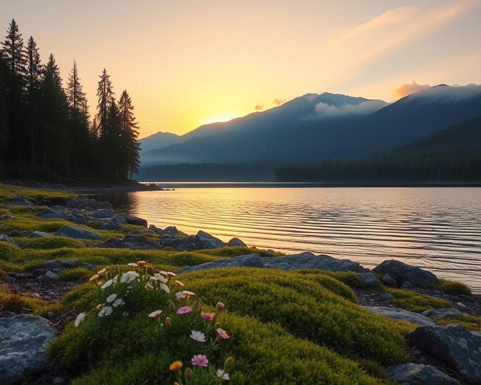 A serene Lapland wilderness landscape, showcasing a tranquil lake shimmering under the soft golden light of a setting sun. In the foreground, delicate wildflowers and lush green moss stretch across rocky terrain. The middle ground features a dense forest of tall pine trees, their dark silhouettes contrasting with the warm hues of the sky. Distant snow-capped mountains rise majestically in the background, partially shrouded in mist. A gentle breeze creates ripples on the lake's surface, reflecting the colorful sky. The atmosphere is peaceful and untouched, evoking a sense of harmony with nature. The scene is captured using a wide-angle lens, emphasizing the vastness and grandeur of this natural haven, inviting exploration and appreciation for the beauty of Sweden's wilderness.