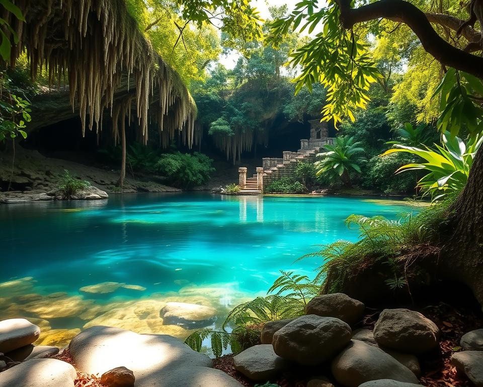 A serene Maya cenote surrounded by lush jungle foliage and ancient stalactites, featuring clear turquoise water reflecting the dappled sunlight filtering through the trees. In the foreground, smooth stones and delicate ferns frame the tranquil water's edge. The middle ground showcases the cenote itself, its deep water beckoning beneath the canopy, while the background captures the vibrant greenery of tropical plants and hints of distant Mayan ruins peeking through the trees. The lighting creates a mystical atmosphere, with soft highlights and gentle shadows, suggesting both beauty and mystery. The image should evoke a sense of tranquility and wonder, inviting the viewer to explore the sacred significance of the cenote in Maya culture. Use a wide-angle lens perspective to capture the expansive scene, creating an immersive and inviting feeling.
