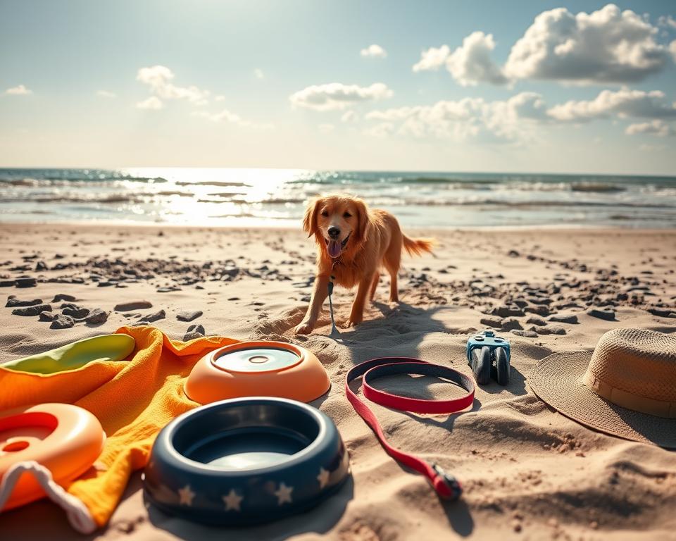 A serene North Sea beach scene at St. Peter-Ording, focused on a joyful dog playing in the sand. In the foreground, an array of essential items for a day at the beach is artistically arranged: a bright beach towel, a dog bowl, a frisbee, a leash, and a sun hat, evoking a sense of adventure. The middle ground features the cheerful dog, a golden retriever with wet fur, playfully digging in the sand, embodying excitement and joy. In the background, the vast, gentle waves of the North Sea shimmer under the warm golden light of a late afternoon sun, casting soft shadows. The atmosphere is relaxed and inviting, perfect for a fun day by the beach, with a clear blue sky and occasional fluffy clouds enhancing the mood.