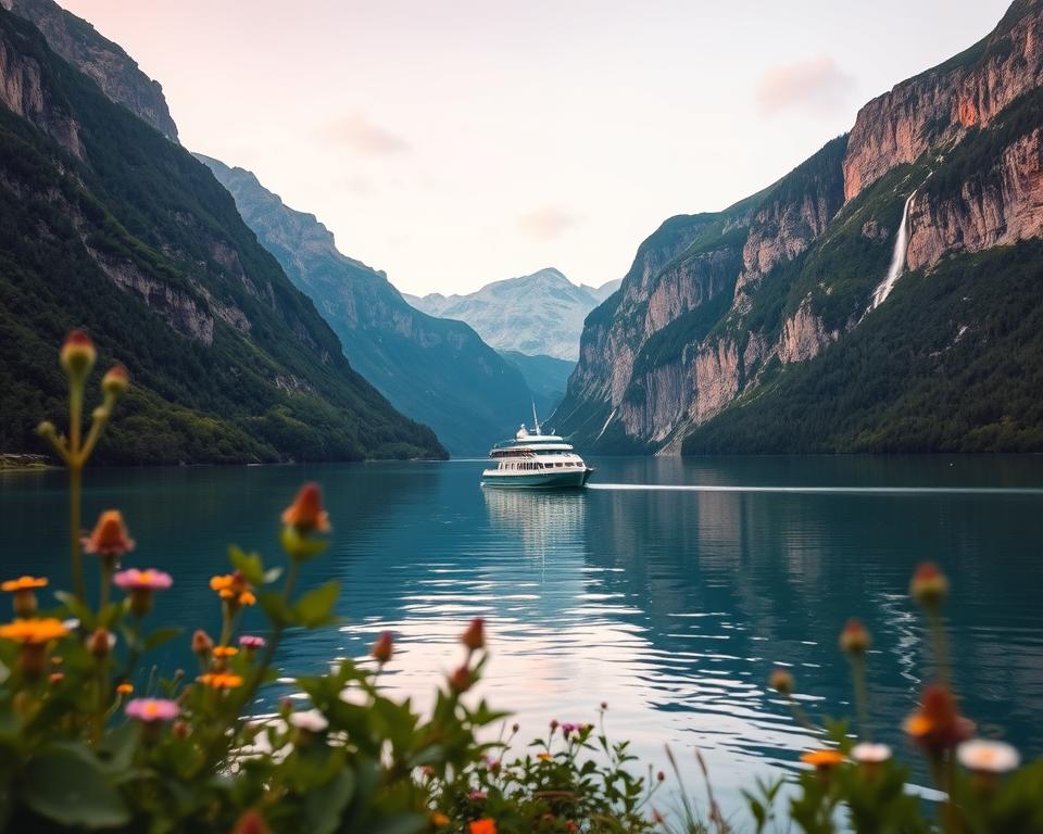 A serene Norwegian fjord landscape at dawn, showcasing crystal-clear waters reflecting the soft pastel colors of the sunrise. In the foreground, lush green vegetation frames the scene, with wildflowers adding splashes of color. In the middle ground, a small, eco-friendly boat glides silently through the water, emphasizing sustainable travel. The background features majestic, towering cliffs with cascading waterfalls, surrounded by dense forests. The atmosphere is tranquil and inviting, conveying a sense of respect for nature. Soft, diffused lighting enhances the peacefulness of the scene, while the angle captures the expansive beauty of the fjord. The composition inspires a feeling of harmony between man and nature, highlighting responsible exploration. A serene Norwegian fjord landscape at dawn, showcasing crystal-clear waters reflecting the soft pastel colors of the sunrise. In the foreground, lush green vegetation frames the scene, with wildflowers adding splashes of color. In the middle ground, a small, eco-friendly boat glides silently through the water, emphasizing sustainable travel. The background features majestic, towering cliffs with cascading waterfalls, surrounded by dense forests. The atmosphere is tranquil and inviting, conveying a sense of respect for nature. Soft, diffused lighting enhances the peacefulness of the scene, while the angle captures the expansive beauty of the fjord. The composition inspires a feeling of harmony between man and nature, highlighting responsible exploration.
