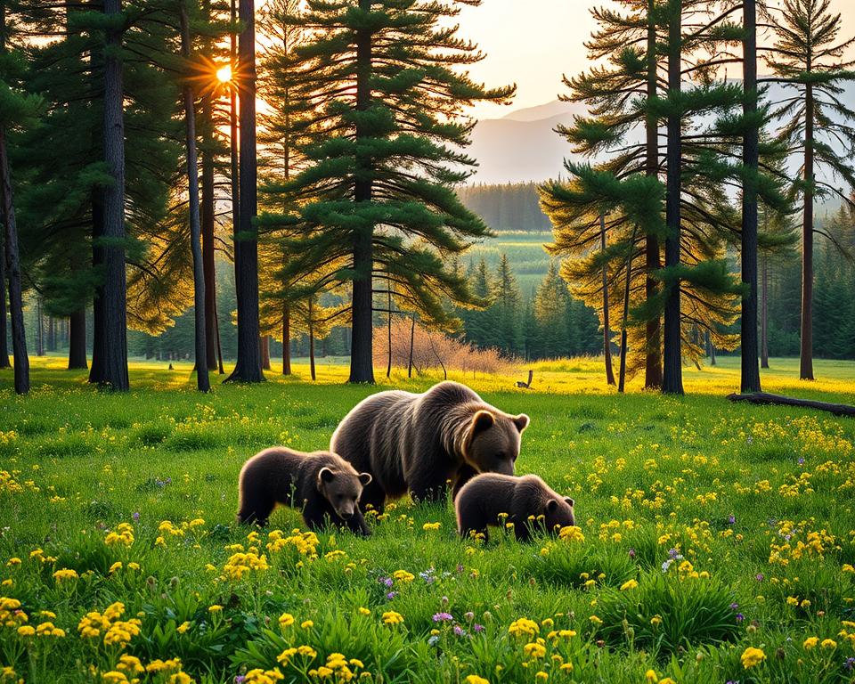 A serene Swedish forest at dawn, showcasing a family of bears foraging in a lush, green meadow. In the foreground, a mother bear and her two cubs explore the vibrant wildflowers, their fur glistening softly in the morning light. In the middle ground, the dense, towering pine trees create a natural frame, while beams of warm sunlight filter through the branches, illuminating patches of the forest floor. In the background, rolling hills fade into the mist, further emphasizing the wilderness of Sweden. The atmosphere is tranquil and enchanting, with a hint of excitement, evoking the thrill of bear observation. Capture this scene with a wide-angle lens to create depth, and maintain a slightly elevated angle to include both the bears and the scenic surroundings, ensuring the focus remains on the magnificent wildlife. A serene Swedish forest at dawn, showcasing a family of bears foraging in a lush, green meadow. In the foreground, a mother bear and her two cubs explore the vibrant wildflowers, their fur glistening softly in the morning light. In the middle ground, the dense, towering pine trees create a natural frame, while beams of warm sunlight filter through the branches, illuminating patches of the forest floor. In the background, rolling hills fade into the mist, further emphasizing the wilderness of Sweden. The atmosphere is tranquil and enchanting, with a hint of excitement, evoking the thrill of bear observation. Capture this scene with a wide-angle lens to create depth, and maintain a slightly elevated angle to include both the bears and the scenic surroundings, ensuring the focus remains on the magnificent wildlife.