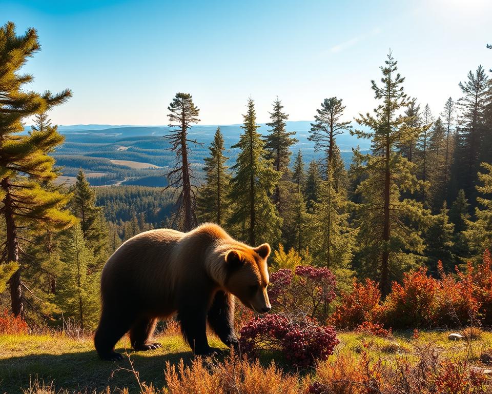 A serene Swedish forest landscape showcasing the distribution of bears, with a majestic brown bear in the foreground, gently foraging near a cluster of wild berries. The middle ground features a diverse mix of coniferous and deciduous trees, bathed in soft, dappled sunlight filtering through the leaves, creating a warm, inviting atmosphere. In the background, low rolling hills fade into the distance under a clear blue sky, hinting at the vast wilderness of Sweden. The scene evokes a sense of tranquility and natural beauty, emphasizing the coexistence of wildlife and nature. The image is captured from a slightly elevated angle, using a wide-angle lens to enhance the depth of the surroundings, while maintaining a focus on the bear. A serene Swedish forest landscape showcasing the distribution of bears, with a majestic brown bear in the foreground, gently foraging near a cluster of wild berries. The middle ground features a diverse mix of coniferous and deciduous trees, bathed in soft, dappled sunlight filtering through the leaves, creating a warm, inviting atmosphere. In the background, low rolling hills fade into the distance under a clear blue sky, hinting at the vast wilderness of Sweden. The scene evokes a sense of tranquility and natural beauty, emphasizing the coexistence of wildlife and nature. The image is captured from a slightly elevated angle, using a wide-angle lens to enhance the depth of the surroundings, while maintaining a focus on the bear.