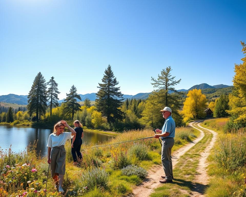 A serene Swedish landscape depicting the history of Allemansrätten, or "Everyman's Right." In the foreground, a diverse group of individuals in modest casual clothing, such as a young woman examining wildflowers and an older man fishing peacefully by a lake, showcasing the joy of nature access. In the middle ground, tall, lush trees and vibrant flora symbolize the rich Scandinavian wilderness, along with a smooth path meandering through the beautiful scenery. The background features rolling hills and distant mountains under a clear blue sky, with soft sunlight filtering through the leaves, creating a warm and inviting atmosphere. The overall mood is peaceful and harmonious, reflecting the freedom and responsibility of nature enjoyment. Captured with a wide-angle lens to encompass the full beauty of the landscape, ensuring a bright and vibrant color palette.