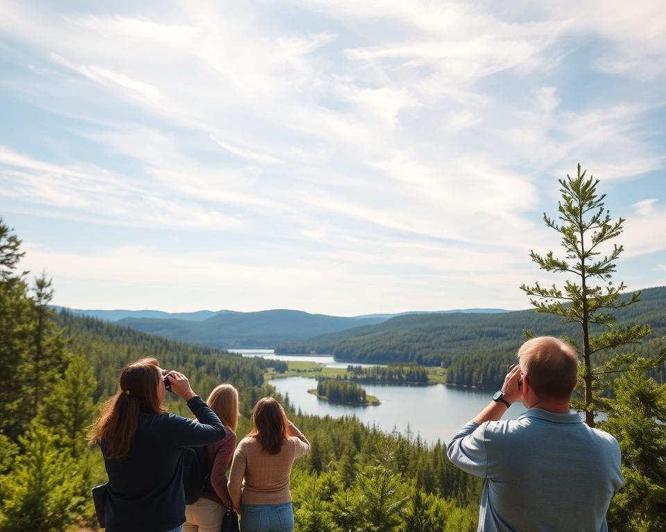 A serene Swedish landscape featuring a guided bear tour group observing wildlife in a natural habitat. In the foreground, a small group of people in modest casual clothing, equipped with binoculars and cameras, looking intently at a distant large brown bear in the wild. The middle ground showcases lush green forests and a tranquil lake, reflecting the clear blue sky with wispy clouds. In the background, gentle rolling hills provide depth to the scene. Soft, warm sunlight filters through the trees, casting dappled shadows on the ground, creating a calm and inviting atmosphere. The image should have a wide-angle perspective to capture the expansive scenery while maintaining focus on the group’s fascination with the bear sighting. A serene Swedish landscape featuring a guided bear tour group observing wildlife in a natural habitat. In the foreground, a small group of people in modest casual clothing, equipped with binoculars and cameras, looking intently at a distant large brown bear in the wild. The middle ground showcases lush green forests and a tranquil lake, reflecting the clear blue sky with wispy clouds. In the background, gentle rolling hills provide depth to the scene. Soft, warm sunlight filters through the trees, casting dappled shadows on the ground, creating a calm and inviting atmosphere. The image should have a wide-angle perspective to capture the expansive scenery while maintaining focus on the group’s fascination with the bear sighting.