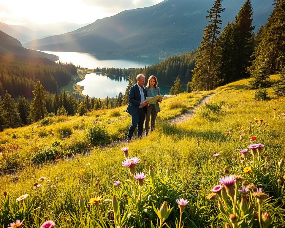 A serene Swedish landscape illustrating "Rechtliche Grundlagen der Allemansrätten." In the foreground, depict a lush green meadow with diverse wildflowers, symbolizing nature's bounty. In the middle ground, include a peaceful hiking trail with a couple dressed in professional business attire, engaging with a nature guide holding a map of the Allemansrätten laws. The background should feature tranquil lakes reflecting the sky, surrounded by dense forests and mountains. Soft, golden sunlight filters through the trees, casting gentle shadows on the trail, creating an inviting atmosphere. Capture the scene from a slightly elevated angle to provide depth and perspective, enhancing the feeling of openness and freedom in nature, while ensuring a safe and respectful representation of the outdoors.
