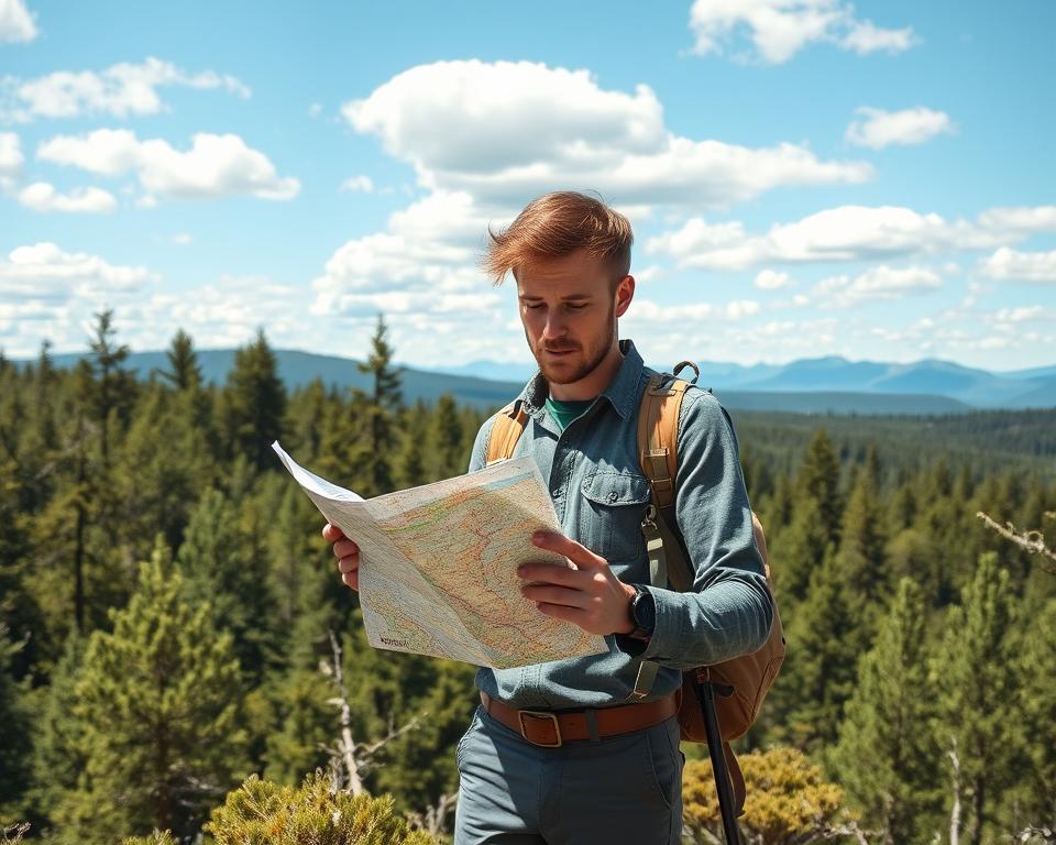 A serene Swedish landscape illustrating the challenges of Allemansrätten. In the foreground, a professional-looking outdoor enthusiast examines a map, dressed in modest hiking attire, with a thoughtful expression. The middle ground features a lush forest with a mix of coniferous and deciduous trees, inviting yet slightly chaotic, representing the complexities of nature use. In the background, distant mountains rise under a bright blue sky with fluffy white clouds, symbolizing freedom yet hinting at the regulations tied to it. Soft, natural lighting bathes the scene, creating a calm, reflective atmosphere. The composition is framed with a slight tilt, focusing on the contemplative mood of balancing nature enjoyment with responsibility.