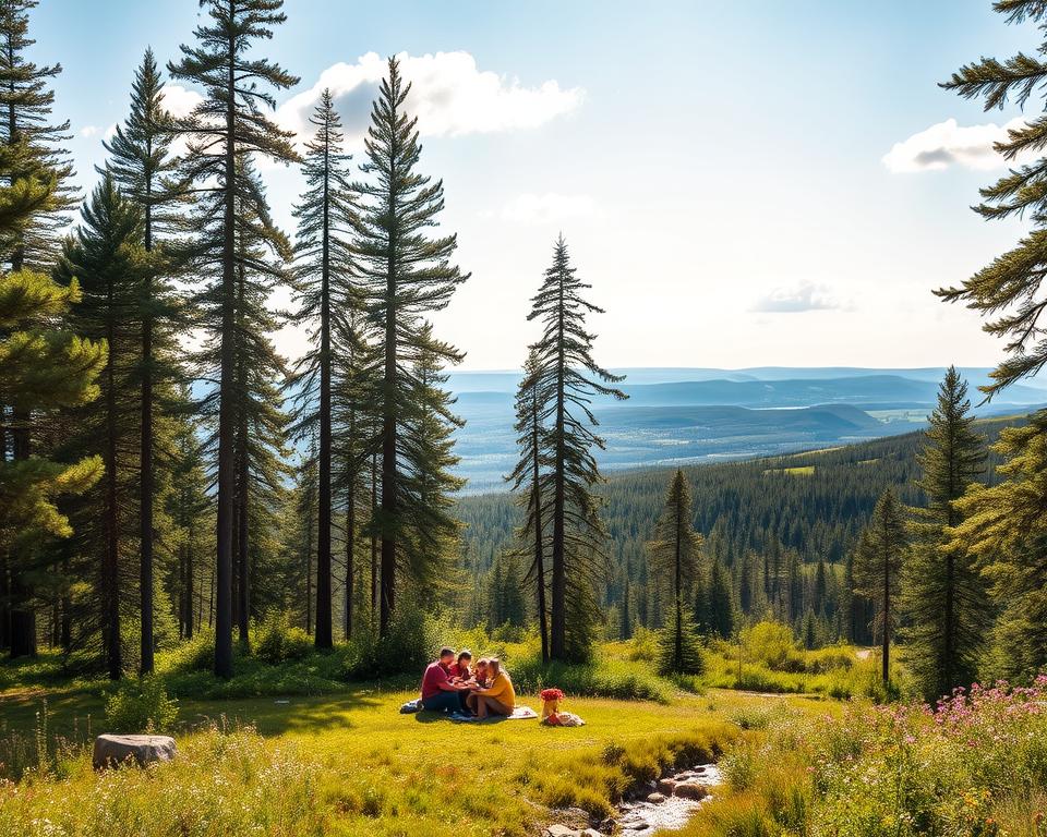 A serene Swedish landscape showcasing the essence of "Allemansrätten" – a lush green forest with tall, slender pine trees in the foreground, where a group of individuals in modest outdoor clothing are enjoying a picnic on a grassy clearing. They are surrounded by wildflowers, with a gentle stream flowing nearby. In the middle ground, a well-marked hiking trail leads into the forest, inviting exploration. The background features a breathtaking view of distant rolling hills under a bright blue sky, with soft, fluffy clouds scattered lightly. The lighting is warm and inviting, evoking a cheerful and peaceful atmosphere, suggesting a perfect day for nature enjoyment. Capture this scene from a slightly elevated angle to encompass both the diverse flora and the joyful interaction of people with nature.