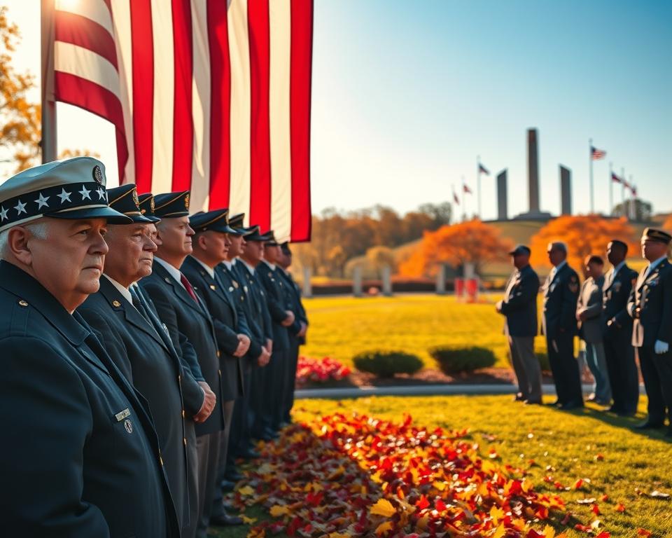 A serene Veterans Day scene in the United States, showcasing a diverse group of veterans in professional attire standing proudly in front of a large American flag. The foreground features a close-up of their determined faces, reflecting respect and honor. In the middle ground, a well-maintained park is visible, with vibrant autumn leaves scattered on the ground, symbolizing change and remembrance. The background includes distant silhouettes of monuments dedicated to military service, bathed in warm golden sunlight, creating a sense of reverence and peace. The atmosphere is reflective yet uplifting, emphasizing the significance of service and sacrifice in a clear blue sky. Soft, diffused lighting enhances the respectful mood, imagining a moment of unity amongst those who've served.