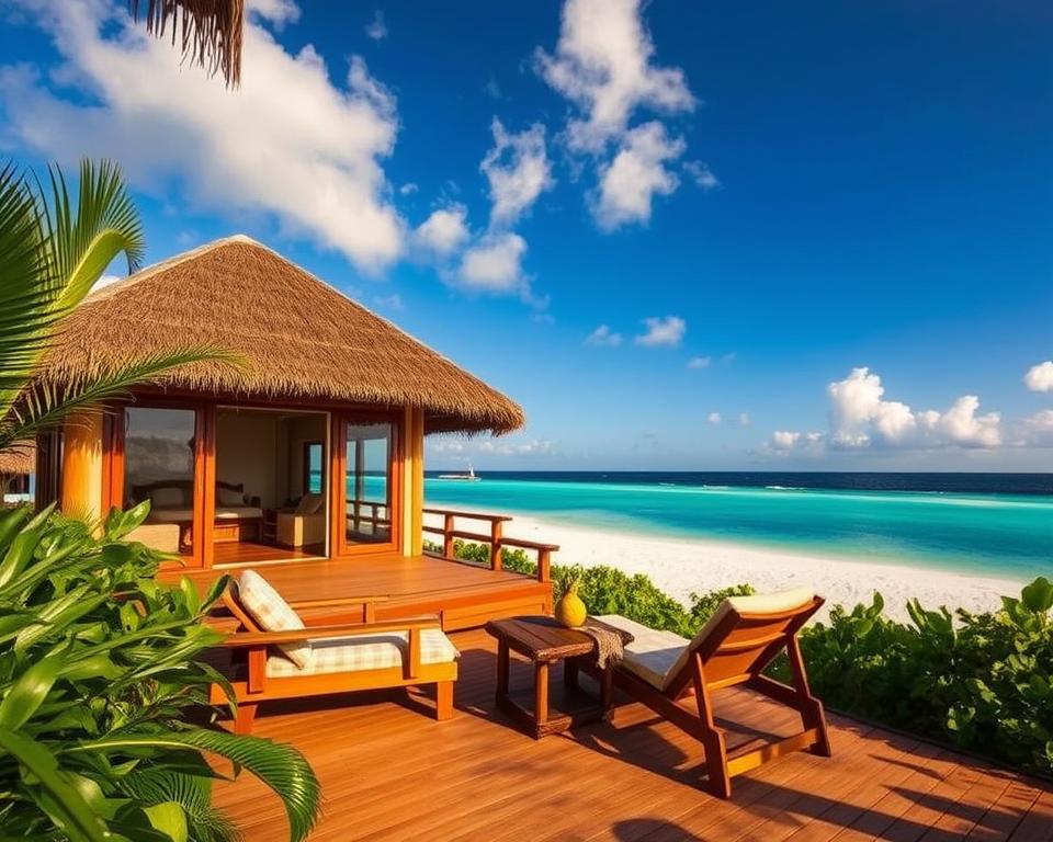 A serene accommodation scene on the Cocos Keeling Islands, showcasing a cozy beachfront bungalow made of natural materials, surrounded by lush tropical greenery. In the foreground, a charming wooden deck with comfortable lounge chairs and a small table adorned with fresh tropical fruits invites relaxation. The middle ground features the bungalow, with its thatched roof and large open windows that blend indoor and outdoor living. In the background, pristine white sandy beaches meet turquoise waters under a bright blue sky, with a few gentle clouds scattered above. The lighting is warm and inviting, capturing the golden hour glow. The atmosphere is tranquil, inviting viewers to imagine a peaceful island getaway. No people are present, ensuring a focus on the beauty of the environment.