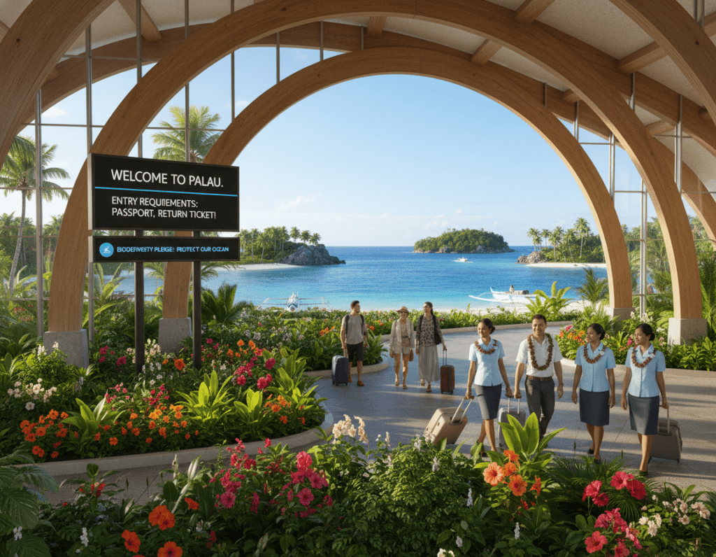 A serene airport scene welcoming travelers to Palau, featuring a tropical landscape. In the foreground, a modern terminal building with eco-friendly architecture, surrounded by lush greenery and vibrant flowers. Friendly airport staff in professional attire are assisting travelers with their luggage. In the middle ground, clear signage displays information in English, guiding visitors about entry requirements. The background showcases the stunning turquoise waters and palm-fringed beaches of Palau, with a clear blue sky overhead. Soft, natural sunlight bathes the scene, creating a warm and inviting atmosphere, ideal for welcoming visitors to this island paradise. The focus is on a smooth and informative travel experience, reflecting the essence of a welcoming island state ideal for tourists.