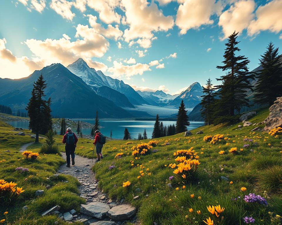 A serene alpine landscape showcasing a breathtaking sunrise over the Mont Blanc massif. In the foreground, a rocky trail meanders through lush greenery, dotted with wildflowers in vibrant shades of yellow and purple. A small group of hikers, dressed in modest outdoor clothing, practices Leave No Trace principles, carefully moving along the trail while carrying their packs. The middle ground features a pristine glacial lake reflecting the towering peaks, with pine trees lining the shore, emphasizing nature's beauty. In the background, majestic mountains bathed in warm golden light stand against a clear blue sky scattered with soft, fluffy clouds. The overall mood is peaceful and inspiring, underscoring respect for nature and sustainable hiking practices. Use a wide-angle lens to capture the expansive scenery, with soft, natural lighting highlighting the tranquil ambiance.