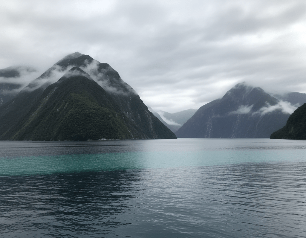 A serene and captivating scene of Doubtful Sound, New Zealand, showcasing the unique weather patterns. In the foreground, display glistening layers of two-tone water—deep blue and turquoise—reflecting the overcast sky. In the middle, lush green cliffs rise dramatically, partially shrouded by swirling mist, hinting at the area's rich biodiversity. The background features towering misty mountains, their peaks slightly obscured by low-hanging clouds, emphasizing the grandeur of the landscape. Soft, diffused light breaks through the cloud cover, creating a moody and tranquil atmosphere that invites exploration. The scene should have a calm, almost ethereal quality, capturing the essence of this remote destination in optimal detail.