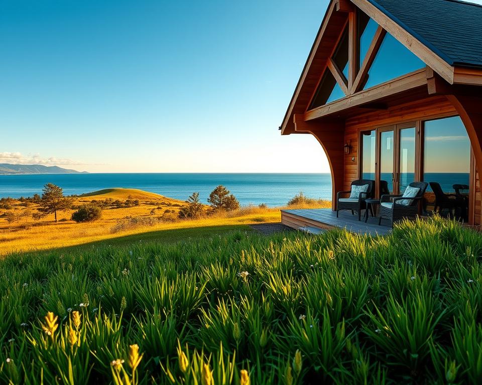 A serene and cozy accommodation by the White Sea, showcasing a modern wooden cabin with large glass windows reflecting the surrounding natural beauty. In the foreground, vibrant green grass with small wildflowers leads to the cabin, adorned with a welcoming porch and comfortable seating. The middle ground features gentle rolling hills and clusters of pine trees, adding to the tranquility of the scene. In the background, a calm azure sea meets a clear blue sky with a few soft clouds, while the warm glow of late afternoon sunlight casts a golden hue over the landscape. The atmosphere is peaceful and inviting, emphasizing a sense of security and comfort for travelers. A serene and cozy accommodation by the White Sea, showcasing a modern wooden cabin with large glass windows reflecting the surrounding natural beauty. In the foreground, vibrant green grass with small wildflowers leads to the cabin, adorned with a welcoming porch and comfortable seating. The middle ground features gentle rolling hills and clusters of pine trees, adding to the tranquility of the scene. In the background, a calm azure sea meets a clear blue sky with a few soft clouds, while the warm glow of late afternoon sunlight casts a golden hue over the landscape. The atmosphere is peaceful and inviting, emphasizing a sense of security and comfort for travelers.