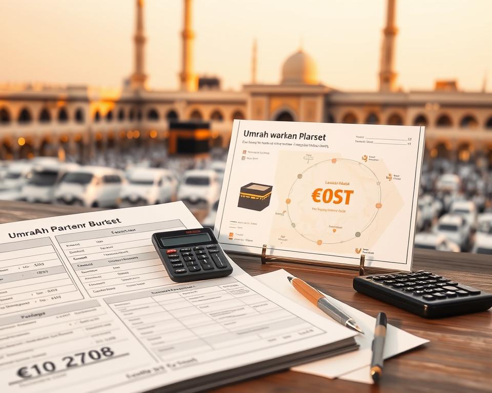 A serene and informative scene depicting "Umrah Kosten," aimed at German pilgrims. In the foreground, a detailed budget planner with items like airfare, accommodation, and meal expenses neatly arranged. Include a calculator and notes beside the planner for authenticity. In the middle, an illustrated map of Mecca highlighting key Umrah sites, such as the Kaaba and Mina, with cost icons. The background features a soft-focus image of the Grand Mosque illuminated by warm afternoon light, conveying a sense of peace and spirituality. The atmosphere is calm and welcoming, evoking the anticipation of a pilgrimage. Use natural lighting to enhance the inviting mood, capturing the essence of planning for a meaningful journey. A serene and informative scene depicting "Umrah Kosten," aimed at German pilgrims. In the foreground, a detailed budget planner with items like airfare, accommodation, and meal expenses neatly arranged. Include a calculator and notes beside the planner for authenticity. In the middle, an illustrated map of Mecca highlighting key Umrah sites, such as the Kaaba and Mina, with cost icons. The background features a soft-focus image of the Grand Mosque illuminated by warm afternoon light, conveying a sense of peace and spirituality. The atmosphere is calm and welcoming, evoking the anticipation of a pilgrimage. Use natural lighting to enhance the inviting mood, capturing the essence of planning for a meaningful journey.