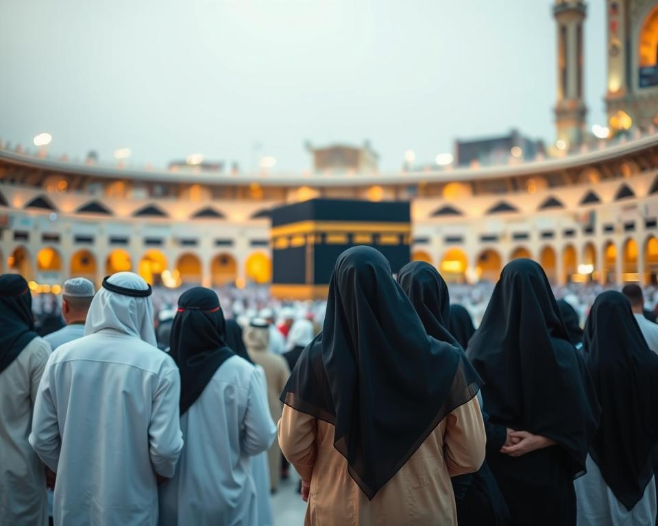 A serene and informative scene depicting clothing guidelines for Umrah pilgrims in Saudi Arabia. In the foreground, a diverse group of individuals dressed in traditional, modest attire: men in white ihram garments, women in black abayas and hijabs, showcasing respect for cultural norms. In the middle ground, a view of the Kaaba, beautifully illuminated under soft, warm lighting, surrounded by a crowd of pilgrims engaged in prayer and contemplation. The background features the intricate architecture of the Masjid al-Haram, softly blurred to keep the focus on the pilgrims. Capture the atmosphere of spiritual reverence and cultural respect, using a wide-angle lens to encompass the grandeur of the setting with vibrant colors. The scene conveys a mood of peace and unity, ideal for illustrating the importance of cultural sensitivity during the pilgrimage. A serene and informative scene depicting clothing guidelines for Umrah pilgrims in Saudi Arabia. In the foreground, a diverse group of individuals dressed in traditional, modest attire: men in white ihram garments, women in black abayas and hijabs, showcasing respect for cultural norms. In the middle ground, a view of the Kaaba, beautifully illuminated under soft, warm lighting, surrounded by a crowd of pilgrims engaged in prayer and contemplation. The background features the intricate architecture of the Masjid al-Haram, softly blurred to keep the focus on the pilgrims. Capture the atmosphere of spiritual reverence and cultural respect, using a wide-angle lens to encompass the grandeur of the setting with vibrant colors. The scene conveys a mood of peace and unity, ideal for illustrating the importance of cultural sensitivity during the pilgrimage.