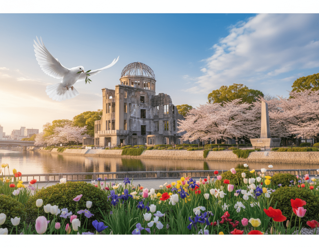 A serene and inspiring interpretation of the Hiroshima Peace Memorial, symbolizing peace and reconciliation. In the foreground, a delicate white dove gracefully descends, its wings slightly spread. In the middle, the iconic Atomic Bomb Dome is bathed in soft, golden sunlight, surrounded by lush greenery and colorful flowers that symbolize hope and renewal. The background features a clear, blue sky with soft, fluffy clouds, enhancing the tranquil atmosphere. The composition captures a gentle breeze, creating a sense of calm and introspection. The image should evoke a feeling of harmony and resilience, reminiscent of a perfect spring day. Use a wide-angle lens effect for depth, and ensure soft, natural lighting to emphasize the uplifting mood without any text or overlays.