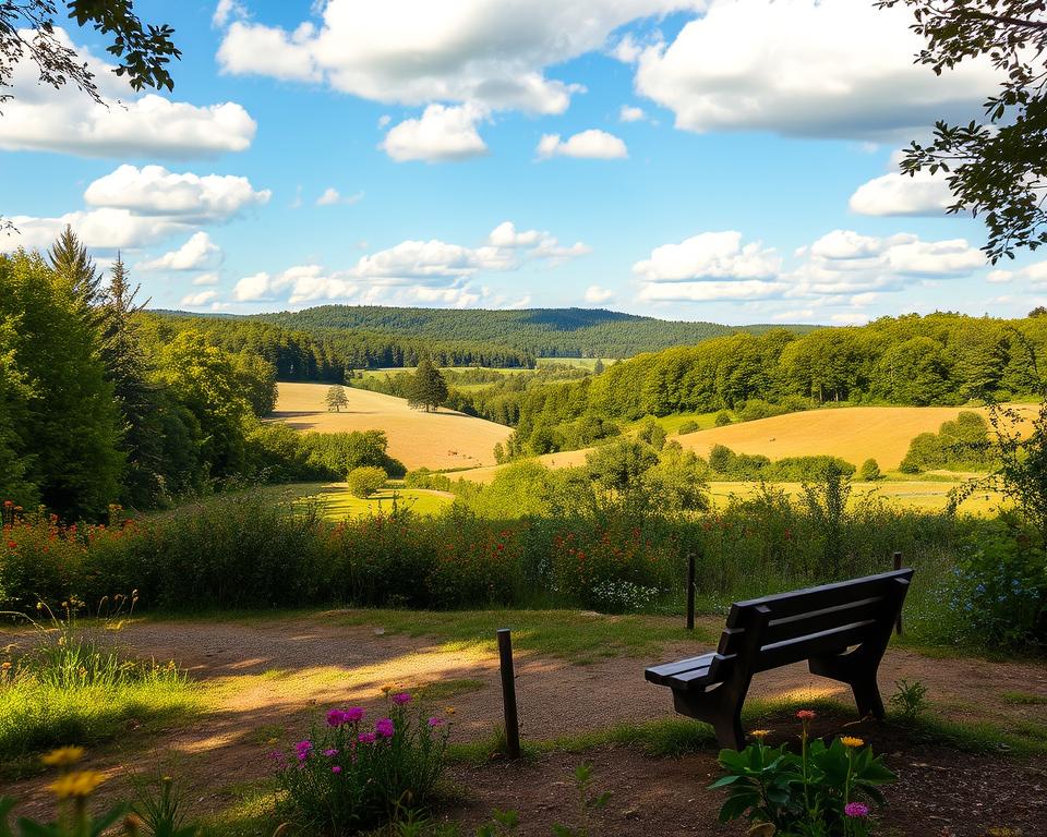 A serene and inviting natural landscape in the Wildtierpark Tripsdrill, showcasing lush green forests, vibrant wildflowers, and tranquil resting spots. In the foreground, a peaceful clearing with a rustic wooden bench surrounded by blooming plants invites visitors to relax and appreciate nature. The middle ground features gently rolling hills, dotted with trees, where colorful wildlife can be seen in their natural habitat, such as deer grazing and birds fluttering. The background reveals a distant view of dense, verdant woods under a bright blue sky with fluffy white clouds. The lighting is warm and soft, capturing the essence of a peaceful afternoon, inviting viewers to immerse themselves in the beauty and tranquility of the park. A serene and inviting natural landscape in the Wildtierpark Tripsdrill, showcasing lush green forests, vibrant wildflowers, and tranquil resting spots. In the foreground, a peaceful clearing with a rustic wooden bench surrounded by blooming plants invites visitors to relax and appreciate nature. The middle ground features gently rolling hills, dotted with trees, where colorful wildlife can be seen in their natural habitat, such as deer grazing and birds fluttering. The background reveals a distant view of dense, verdant woods under a bright blue sky with fluffy white clouds. The lighting is warm and soft, capturing the essence of a peaceful afternoon, inviting viewers to immerse themselves in the beauty and tranquility of the park.