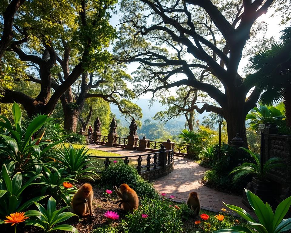 A serene and inviting scene capturing the essence of Sangeh Monkey Forest, highlighting the lush greenery and vibrant atmosphere. In the foreground, a variety of tropical plants and flowers add color and warmth, with playful monkeys interacting naturally among the foliage. The middle ground features ancient stone statues and winding pathways, inviting visitors to explore. Majestic trees with sprawling canopies provide dappled sunlight filtering through the leaves, casting gentle shadows on the ground. In the background, distant hills and a clear blue sky enhance the tranquil, enchanting mood of the forest. The image should be well-lit, ideally captured in early morning light, using a wide-angle lens to convey depth and intimacy with the surroundings. A serene and inviting scene capturing the essence of Sangeh Monkey Forest, highlighting the lush greenery and vibrant atmosphere. In the foreground, a variety of tropical plants and flowers add color and warmth, with playful monkeys interacting naturally among the foliage. The middle ground features ancient stone statues and winding pathways, inviting visitors to explore. Majestic trees with sprawling canopies provide dappled sunlight filtering through the leaves, casting gentle shadows on the ground. In the background, distant hills and a clear blue sky enhance the tranquil, enchanting mood of the forest. The image should be well-lit, ideally captured in early morning light, using a wide-angle lens to convey depth and intimacy with the surroundings.