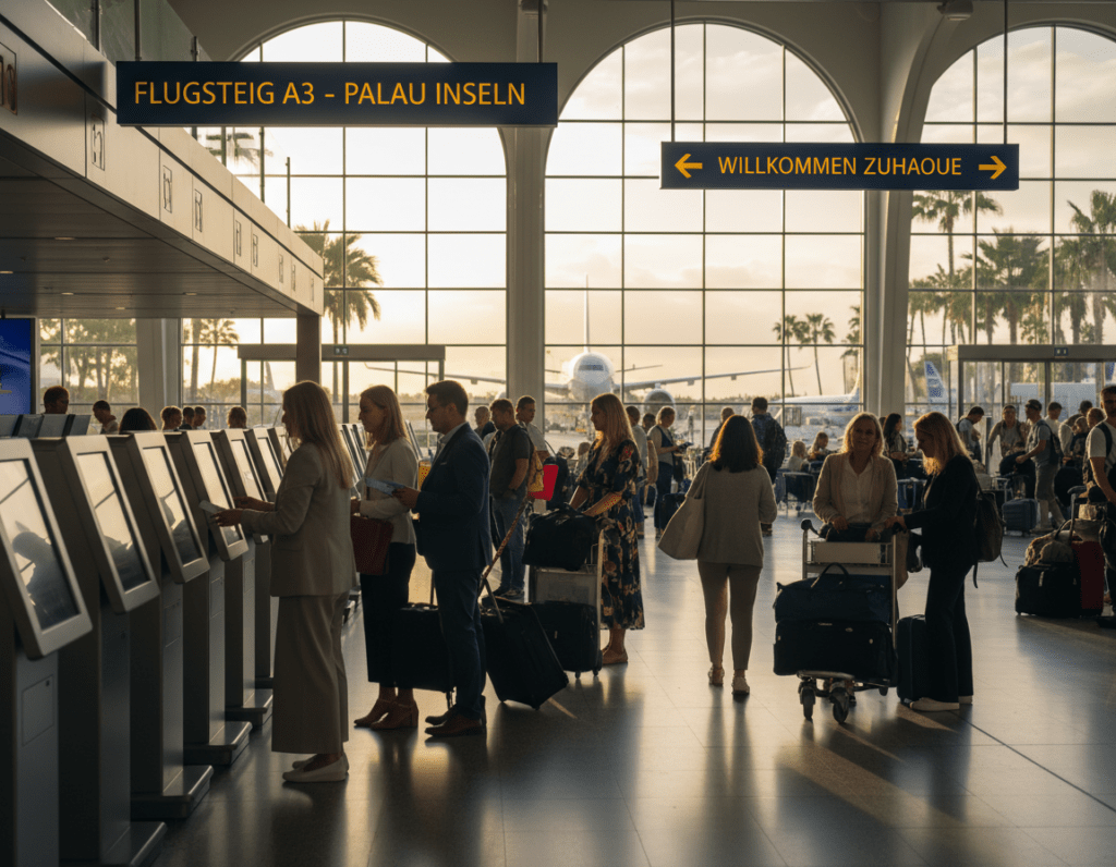 A serene and inviting scene depicting a modern airport terminal in Germany, bustling with travelers preparing for their journey to the Palau Islands. In the foreground, diverse travelers in smart casual attire check in at sleek, digital kiosks, while others examine their boarding passes. The middle ground features large glass windows revealing glimpses of airplanes preparing for takeoff, with lush greenery outside suggesting a tropical destination. In the background, bright, warm sunlight streams through the terminal, creating an uplifting atmosphere, complemented by soft shadows. The overall mood is one of excitement and anticipation for an exotic adventure. The image should have a depth of field focus, showcasing both the busy activities inside the terminal and the enticing promise of travel to a paradise island.
