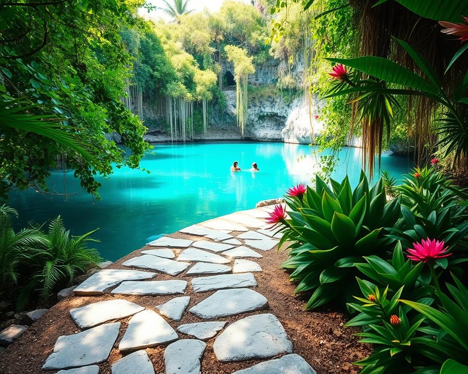 A serene and inviting scene depicting a picturesque Cenote in Yucatan, surrounded by lush greenery and vibrant tropical plants. In the foreground, a well-worn stone pathway leads towards the water's edge, inviting travelers to explore. The middle ground captures the clear, turquoise waters of the cenote, reflecting the bright sunlight filtering through the dense canopy above. In the background, limestone cliffs rise majestically, adorned with hanging vines and colorful flowers. The atmosphere is tranquil and enchanting, evoking a sense of adventure and discovery. The lighting is bright and natural, enhancing the vivid colors of the landscape. Capture this scene from a slightly elevated angle for a broader perspective, emphasizing the beauty of nature and the allure of the cenote.