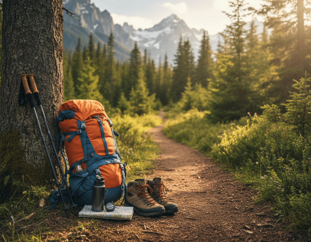 A serene and inviting scene showcasing hiking gear positioned on a forest trail, highlighting essential outdoor equipment for a successful hike. In the foreground, a sturdy, colorful backpack rests beside a pair of durable hiking boots neatly tied, with trekking poles leaning against a nearby tree. The middle-ground features a picturesque view of a winding trail leading deeper into the lush, green forest, where sunlight filters through the leaves, casting dappled shadows on the path. In the background, majestic mountains rise, their peaks dusted with a hint of snow. The atmosphere is tranquil and adventurous, inviting nature enthusiasts to explore. The lighting is warm and golden, suggesting early morning or late afternoon. The angle captures both the gear and the stunning landscape, inspiring a sense of wanderlust and preparation for an outdoor adventure.