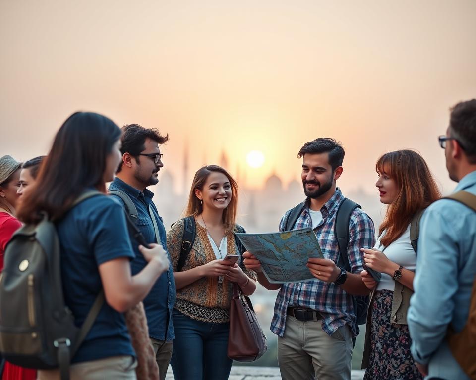 A serene and inviting travel scene showcasing safety and security during group tours. In the foreground, a diverse group of travelers dressed in smart-casual clothing discusses their itinerary, looking engaged and excited. In the middle ground, a well-lit travel guide attentively points out a map, exemplifying guidance and support. The background features iconic landmarks subtly shrouded in a soft, golden sunset glow, evoking a sense of adventure. The atmosphere is warm and welcoming, emphasizing trust and camaraderie among solo travelers. Soft, ambient lighting enhances the sense of safety, while capturing the essence of exploration and discovery. The composition is shot at eye level with a wide-angle lens to create an inclusive and engaging perspective.