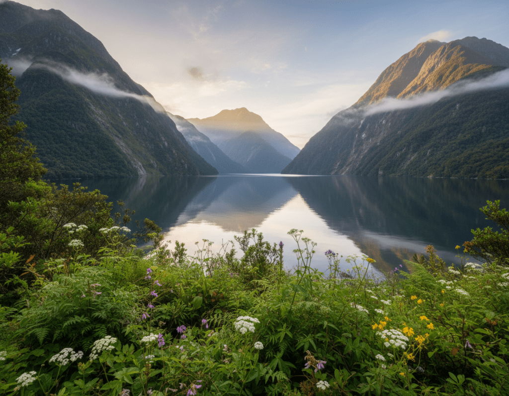 A serene and majestic view of Doubtful Sound in New Zealand, capturing the essence of the fjord’s natural beauty. In the foreground, lush green foliage and delicate wildflowers frame the scene, hinting at the untouched wilderness. The middle ground features the calm waters of the sound, reflecting the towering, mist-covered mountains that rise dramatically on either side. In the background, gentle fog envelops the peaks, creating an air of mystery and tranquility. The lighting is soft, suggesting early morning or late afternoon, with warm golden rays piercing through the clouds. The overall mood is peaceful and serene, inviting viewers to explore the hidden gem of New Zealand’s nature. The landscape is framed with a wide-angle perspective to emphasize the grandeur of Doubtful Sound.