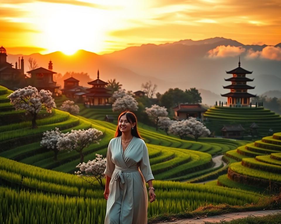 A serene and picturesque Asian destination, showcasing lush green rice terraces and ancient stone temples under a vibrant sunset sky. In the foreground, a modestly dressed couple, looking content, strolls hand-in-hand, embodying a cultural exploration vibe. The middle ground features graceful pagodas surrounded by blooming cherry blossom trees, adding a soft touch of pink to the landscape. The background presents majestic mountains, partially shrouded in mist, creating a sense of tranquility. The warm golden hour lighting bathes the scene in a romantic glow, enhancing the inviting atmosphere ideal for honeymooners. The image focuses on the natural beauty and cultural richness of the destination, reflecting the section's theme.