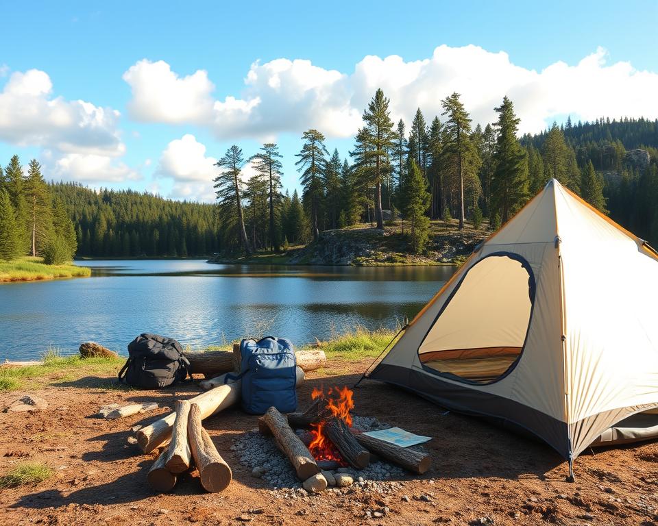 A serene and picturesque landscape of wild camping in Sweden, featuring a cozy tent set against a backdrop of lush green forests and a calm lake reflecting the blue sky. In the foreground, a small campfire crackles gently, surrounded by rustic wooden logs with a few scattered camping gear items like a backpack and a map. The middle ground reveals a panoramic view of towering pine trees and rocky outcrops, while fluffy white clouds drift lazily overhead. Soft, warm sunlight illuminates the scene, creating an inviting and peaceful atmosphere. Capture this moment from a slight elevation, using a wide-angle lens to embrace the expansiveness of nature, conveying the tranquility and beauty of wild camping under Sweden's open sky.