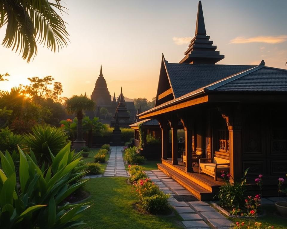 A serene and picturesque scene capturing the essence of accommodations near the majestic Borobudur Temple. In the foreground, a charming, traditional Indonesian guesthouse with intricate wooden carvings and a thatched roof, surrounded by lush tropical greenery. In the middle ground, a peaceful garden path leading towards the guesthouse, lined with vibrant flowers and soft, inviting seating areas. The background showcases the iconic silhouette of Borobudur Temple at sunset, with golden light bathing the temple’s stupas in a warm glow. A tranquil ambiance pervades the scene, evoking a sense of tranquility and cultural richness. The image is softly illuminated by warm, natural light, shot from a slightly elevated angle to capture both the accommodations and the temple, conveying a welcoming, harmonious atmosphere. A serene and picturesque scene capturing the essence of accommodations near the majestic Borobudur Temple. In the foreground, a charming, traditional Indonesian guesthouse with intricate wooden carvings and a thatched roof, surrounded by lush tropical greenery. In the middle ground, a peaceful garden path leading towards the guesthouse, lined with vibrant flowers and soft, inviting seating areas. The background showcases the iconic silhouette of Borobudur Temple at sunset, with golden light bathing the temple’s stupas in a warm glow. A tranquil ambiance pervades the scene, evoking a sense of tranquility and cultural richness. The image is softly illuminated by warm, natural light, shot from a slightly elevated angle to capture both the accommodations and the temple, conveying a welcoming, harmonious atmosphere.