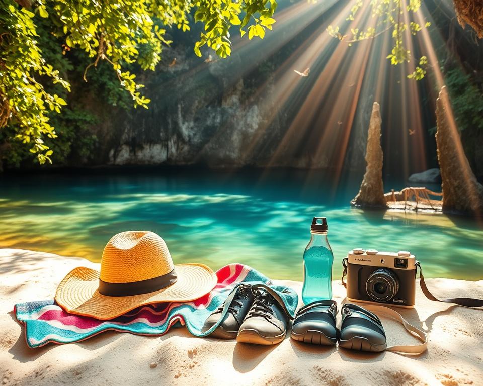 A serene and picturesque scene featuring essential items for a cenote day, arranged artfully on a soft, sandy shore. In the foreground, items include a colorful beach towel, a stylish sun hat, sturdy water shoes, a reusable water bottle, and a waterproof camera, all illuminated by warm sunlight. The middle ground showcases a stunning cenote with crystal-clear turquoise water surrounded by lush greenery and jagged limestone formations, inviting exploration. In the background, rays of sunlight filter through the trees, creating a magical atmosphere while butterflies flutter gently. The image should feel tranquil and inviting, encouraging adventure in the natural beauty of Yucatán. Shot with a wide-angle lens to capture the depth and beauty of the scene.