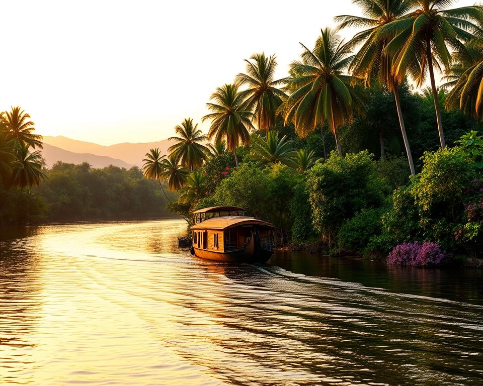 A serene and picturesque scene of the Kerala backwaters, showcasing a winding water route surrounded by lush greenery and palm trees. In the foreground, a traditional wooden houseboat glides peacefully on the calm water, reflecting soft waves under the golden glow of the sunset. The middle ground features vibrant tropical foliage, with clusters of coconut palms and flowering plants creating a rich tapestry of colors. In the background, distant hills fade into a hazy blue sky, enhancing the tranquil atmosphere. Use warm, diffused lighting to evoke a sense of relaxation and adventure, captured from a slightly elevated angle to showcase the depth of the landscape. The overall mood should be inviting and idyllic, perfect for a memorable travel experience.