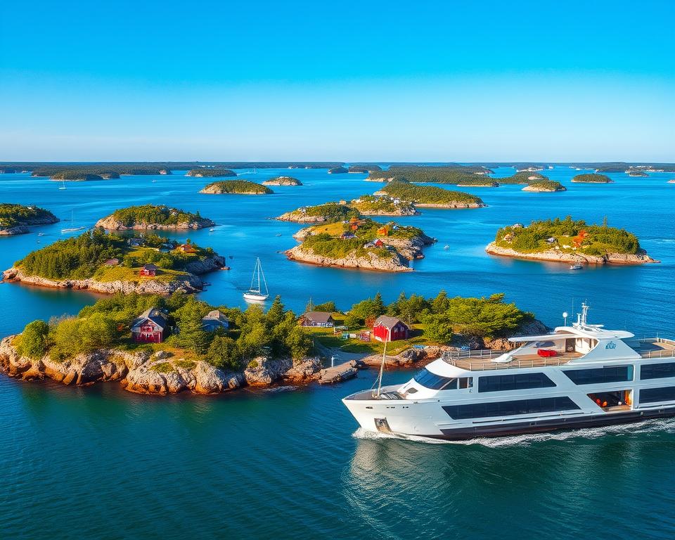 A serene and picturesque scene of the Swedish archipelago, featuring a vibrant cluster of small, rocky islands adorned with lush green trees and colorful wooden cabins. In the foreground, a modern ferry approaches the island, its sleek design contrasting with the rugged coastal landscape. A couple of sailboats gently glide along the calm, turquoise waters, reflecting the soft sunlight. The middle ground showcases a variety of ferry routes weaving through the islands, with gentle waves lapping at the shores. In the background, the horizon is dotted with more islands under a clear blue sky, creating a tranquil and inviting atmosphere. The overall mood conveys adventure and relaxation, perfect for a leisurely island-hopping experience along the Swedish coastline.