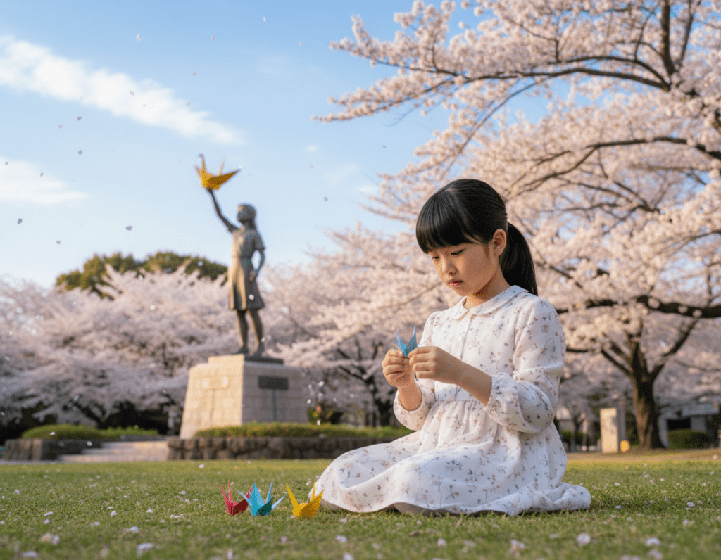 A serene and poignant scene depicting Sadako Sasaki, a young Japanese girl with dark hair tied in a simple ponytail, dressed in a modest white dress with subtle floral patterns. In the foreground, she is gently folding colorful origami cranes, her expression one of quiet determination mixed with sadness. Surrounding her, a soft, lush green park setting with cherry blossom trees in full bloom, petals drifting in the gentle breeze. In the middle ground, there is a close-up view of the Children's Peace Monument, representing hope and resilience, bathed in warm, golden sunlight that creates a peaceful, reflective mood. The background features a clear blue sky, symbolizing hope for peace. The composition focuses on Sadako and the cranes, conveying a powerful message of peace.