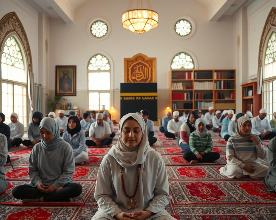 A serene and reflective scene depicting the spiritual preparation for Umrah in a tranquil indoor setting. In the foreground, a diverse group of individuals in modest, casual clothing are engaged in prayer and meditation, with a focus on their peaceful expressions. The middle ground features a beautifully arranged space with prayer rugs, illuminated prayer beads, and Islamic art adorning the walls. Soft, warm light filters through large, ornate windows, creating an inviting atmosphere. In the background, shelves filled with religious texts and books signify a deepening understanding of faith. The camera should be positioned at eye level, capturing the essence of calm and devotion, emphasizing a sense of unity and purpose among the pilgrims preparing for their sacred journey to Mecca. A serene and reflective scene depicting the spiritual preparation for Umrah in a tranquil indoor setting. In the foreground, a diverse group of individuals in modest, casual clothing are engaged in prayer and meditation, with a focus on their peaceful expressions. The middle ground features a beautifully arranged space with prayer rugs, illuminated prayer beads, and Islamic art adorning the walls. Soft, warm light filters through large, ornate windows, creating an inviting atmosphere. In the background, shelves filled with religious texts and books signify a deepening understanding of faith. The camera should be positioned at eye level, capturing the essence of calm and devotion, emphasizing a sense of unity and purpose among the pilgrims preparing for their sacred journey to Mecca.