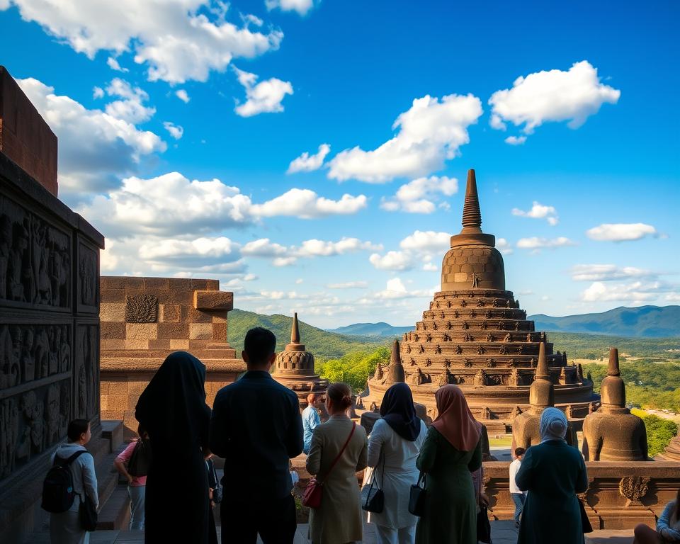 A serene and respectful scene at Borobudur Temple in Indonesia, showcasing cultural etiquette during a temple visit. In the foreground, a small group of visitors dressed in modest, respectful attire are observing the intricate stone carvings on the temple walls, displaying curiosity and reverence. In the middle ground, the majestic structure of Borobudur rises, featuring its iconic stupa and tiered levels adorned with traditional motifs. The background is filled with lush greenery and distant hills under a bright blue sky with scattered clouds. The lighting is warm and inviting, casting soft shadows that enhance the temple's textures. Capture the atmosphere of tranquility and cultural appreciation, emphasizing the importance of respectful behavior in a sacred space.