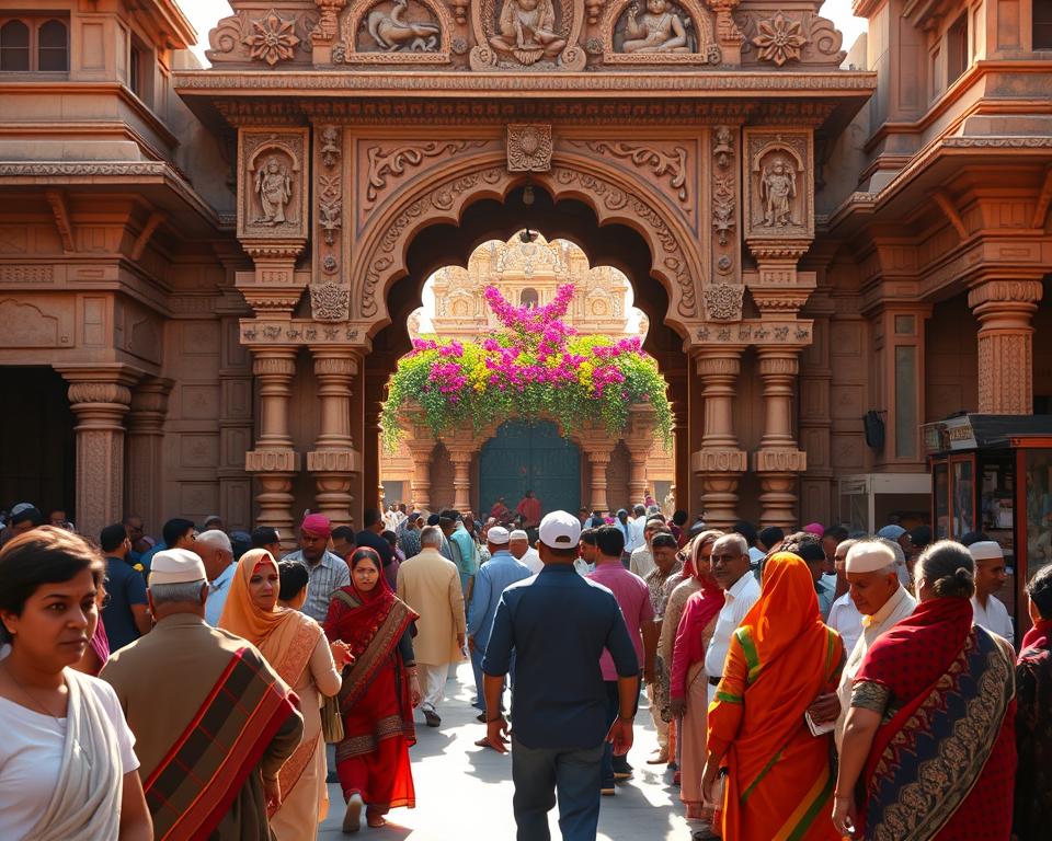 A serene and respectful scene of the Karni Mata Temple in India, showcasing its intricate architecture adorned with traditional carvings and vibrant colors. In the foreground, a diverse group of visitors in modest, respectful attire, observing temple etiquette, such as removing their shoes. In the middle, the temple’s grand entrance framed by decorative arches and a rich tapestry of local flora. The background captures the bustling atmosphere of nearby vendors, offering traditional crafts but subtly out of focus. Warm, golden sunlight filters through, casting gentle shadows and enhancing the temple's vibrant hues. The mood should reflect reverence and tranquility, inviting viewers to appreciate the cultural significance and beauty of the site.
