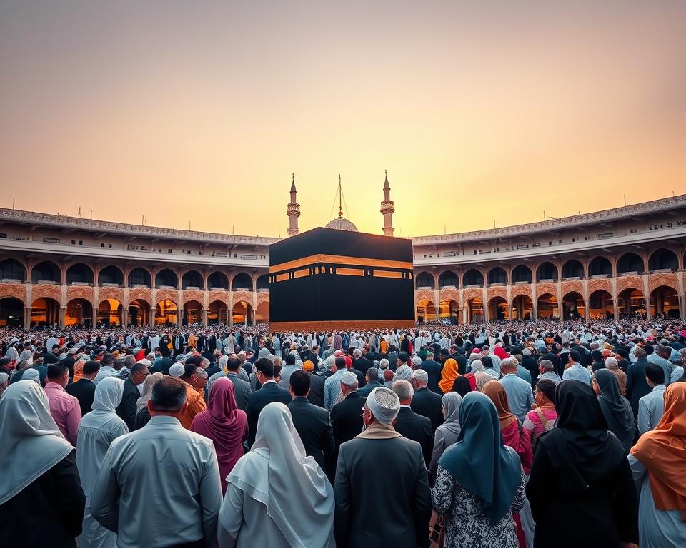 A serene and spiritual scene depicting the "Umrah" pilgrimage in Mekka. In the foreground, a diverse group of modestly dressed pilgrims, both men and women in professional business attire or modest casual clothing, engage in prayer and reflection. In the middle ground, the majestic Kaaba stands, surrounded by worshippers who are gazing up with reverence. The background highlights the beautiful architecture of the Masjid al-Haram, illuminated softly by the warm glow of sunset. A gentle breeze rustles the vibrant fabrics of pilgrims' clothing, creating a sense of movement. The atmosphere is tranquil and contemplative, reflecting the deep significance of the pilgrimage. Use a wide-angle lens to capture the vastness of the space, emphasizing both the Kaaba and the engaged crowd in a harmonious, respectful manner. A serene and spiritual scene depicting the "Umrah" pilgrimage in Mekka. In the foreground, a diverse group of modestly dressed pilgrims, both men and women in professional business attire or modest casual clothing, engage in prayer and reflection. In the middle ground, the majestic Kaaba stands, surrounded by worshippers who are gazing up with reverence. The background highlights the beautiful architecture of the Masjid al-Haram, illuminated softly by the warm glow of sunset. A gentle breeze rustles the vibrant fabrics of pilgrims' clothing, creating a sense of movement. The atmosphere is tranquil and contemplative, reflecting the deep significance of the pilgrimage. Use a wide-angle lens to capture the vastness of the space, emphasizing both the Kaaba and the engaged crowd in a harmonious, respectful manner.