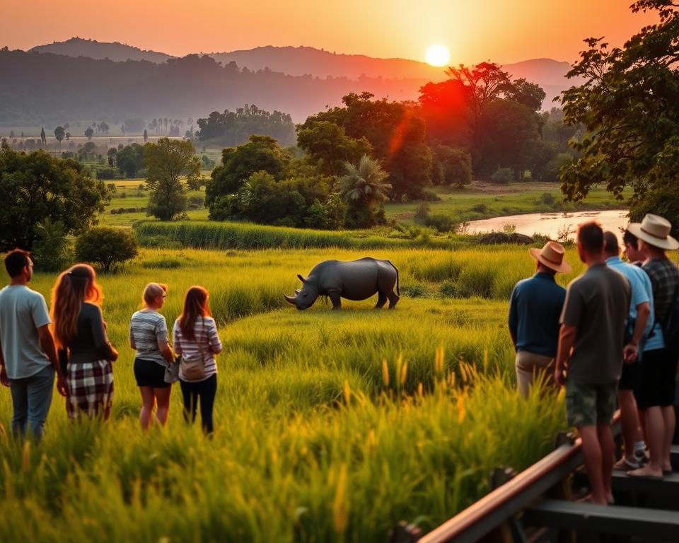 A serene and stunning scene of Chitwan National Park, showcasing responsible tourism. In the foreground, a diverse group of people dressed in modest casual clothing engage with a local guide, observing wildlife peacefully from a safe distance. The middle ground features lush greenery and tall grasslands, where a magnificent rhinoceros grazes quietly, embodying the essence of the park’s wildlife. In the background, the sun sets behind distant hills, casting golden rays that filter through the foliage, creating a warm, inviting atmosphere. The gentle ripples of a nearby river reflect the vibrant colors of twilight, enhancing the tranquil mood. Capture this image with a wide-angle lens, emphasizing the harmonious relationship between tourism and nature in a picturesque landscape.