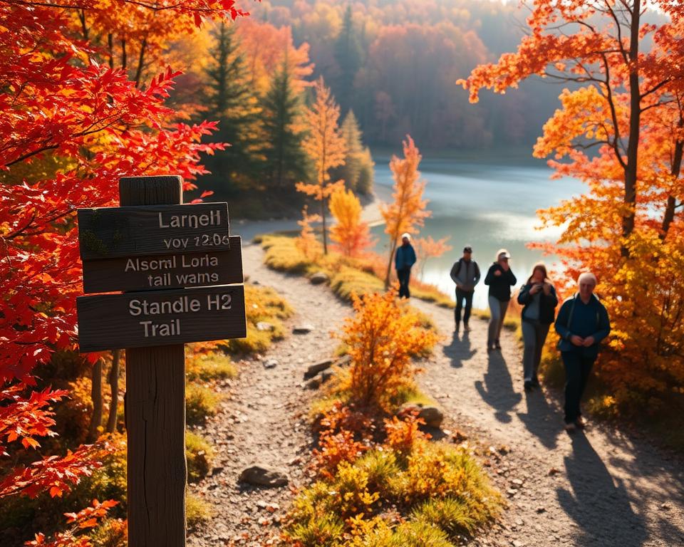 A serene autumn landscape in Algonquin Provincial Park, featuring a winding hiking trail surrounded by vibrant, colorful foliage of red, orange, and yellow leaves. In the foreground, a rustic wooden signpost points toward various trail names, partially covered in moss. The middle ground showcases hikers in comfortable outdoor attire, appreciating the scenery and capturing memories with their cameras. The background reveals a serene lake reflecting the brilliantly colored trees, with a soft mist rising in the early morning light. The scene is bathed in warm, golden sunlight filtering through the tree canopy, creating a tranquil and inviting atmosphere, emphasizing the beauty of nature and the joy of exploration. A slight depth of field adds focus to the trail, enhancing the sense of adventure.
